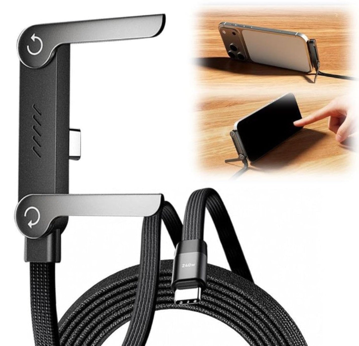 2-in-1 Fast Charging Cable with Built-in Phone Stand – 240W High-Speed Charger Cord