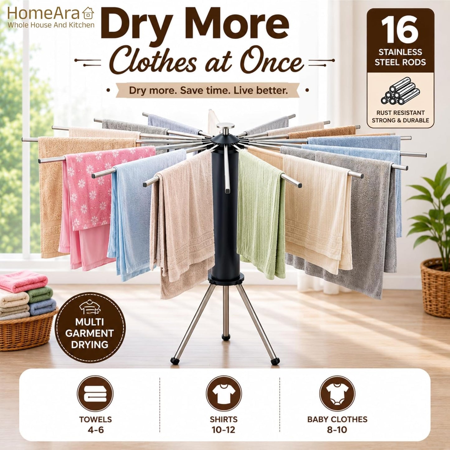 Foldable Tripod Clothes Drying Rack | 16-Rod Laundry Stand for Indoor & Outdoor Use