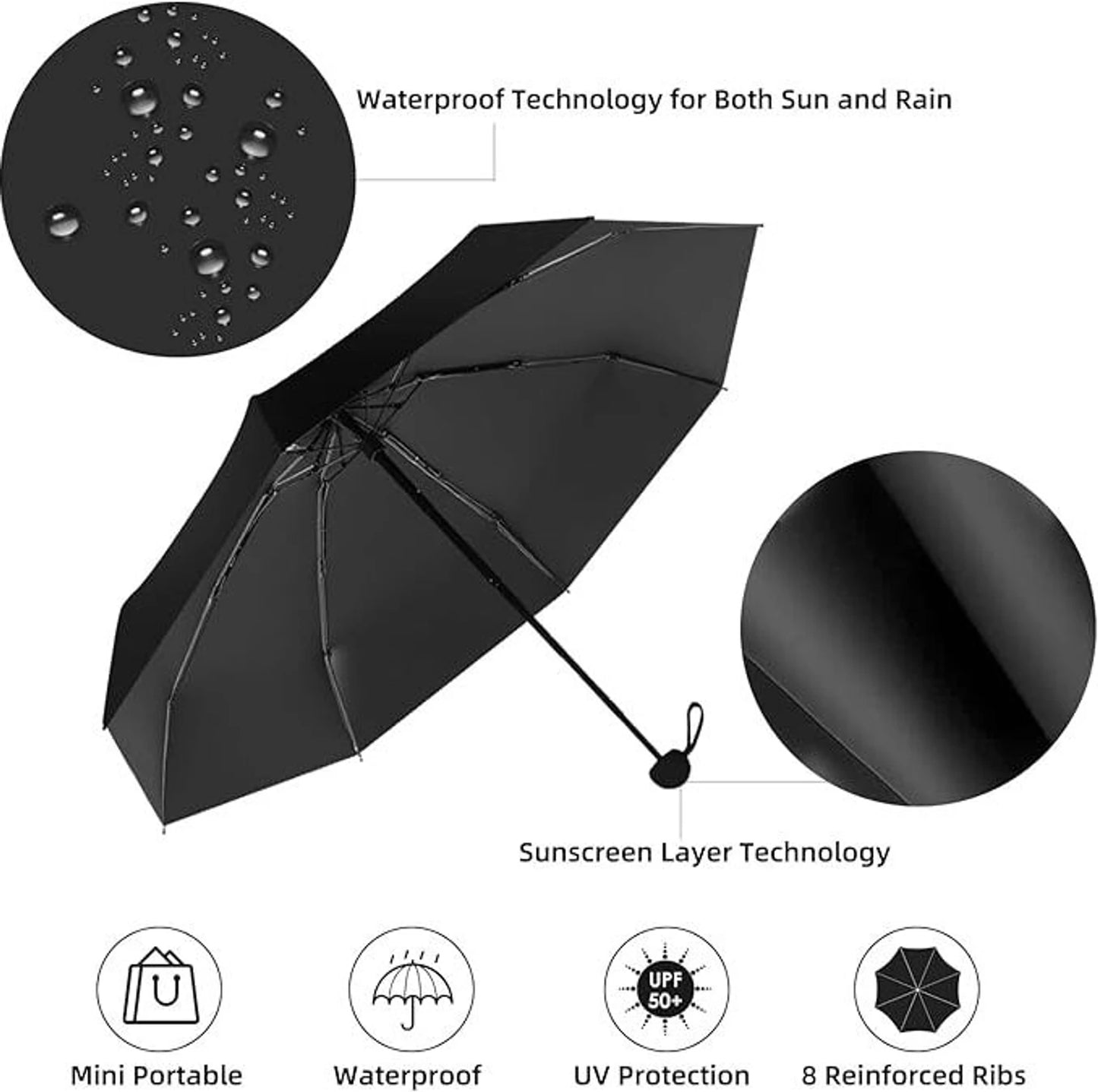 Mini Travel Umbrella with Case | UV Protection Compact Rain & Sun Umbrella (Black)