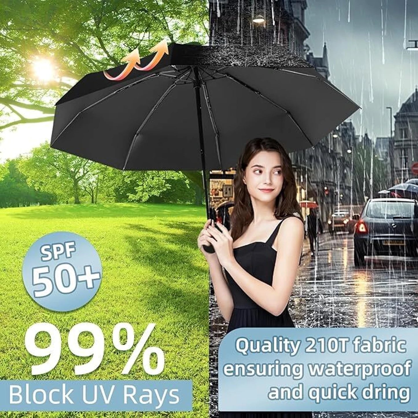 Mini Travel Umbrella with Case | UV Protection Compact Rain & Sun Umbrella (Black)