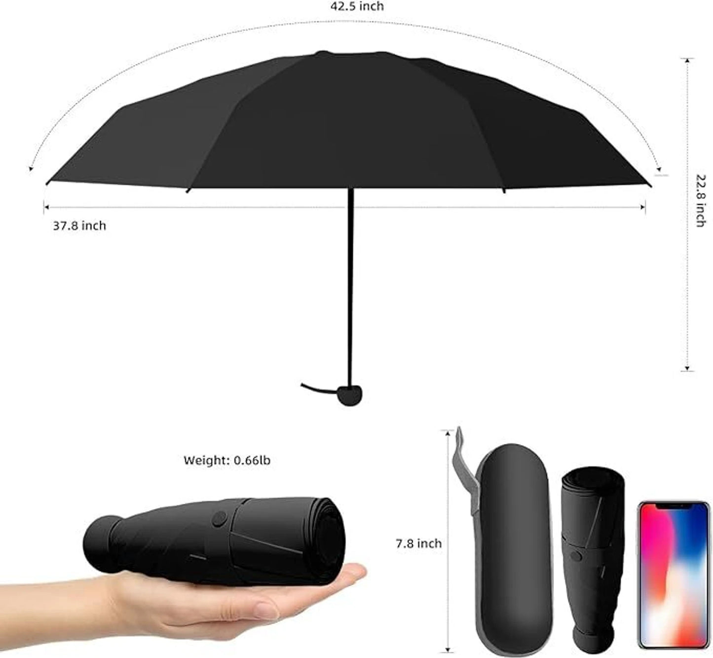 Mini Travel Umbrella with Case | UV Protection Compact Rain & Sun Umbrella (Black)