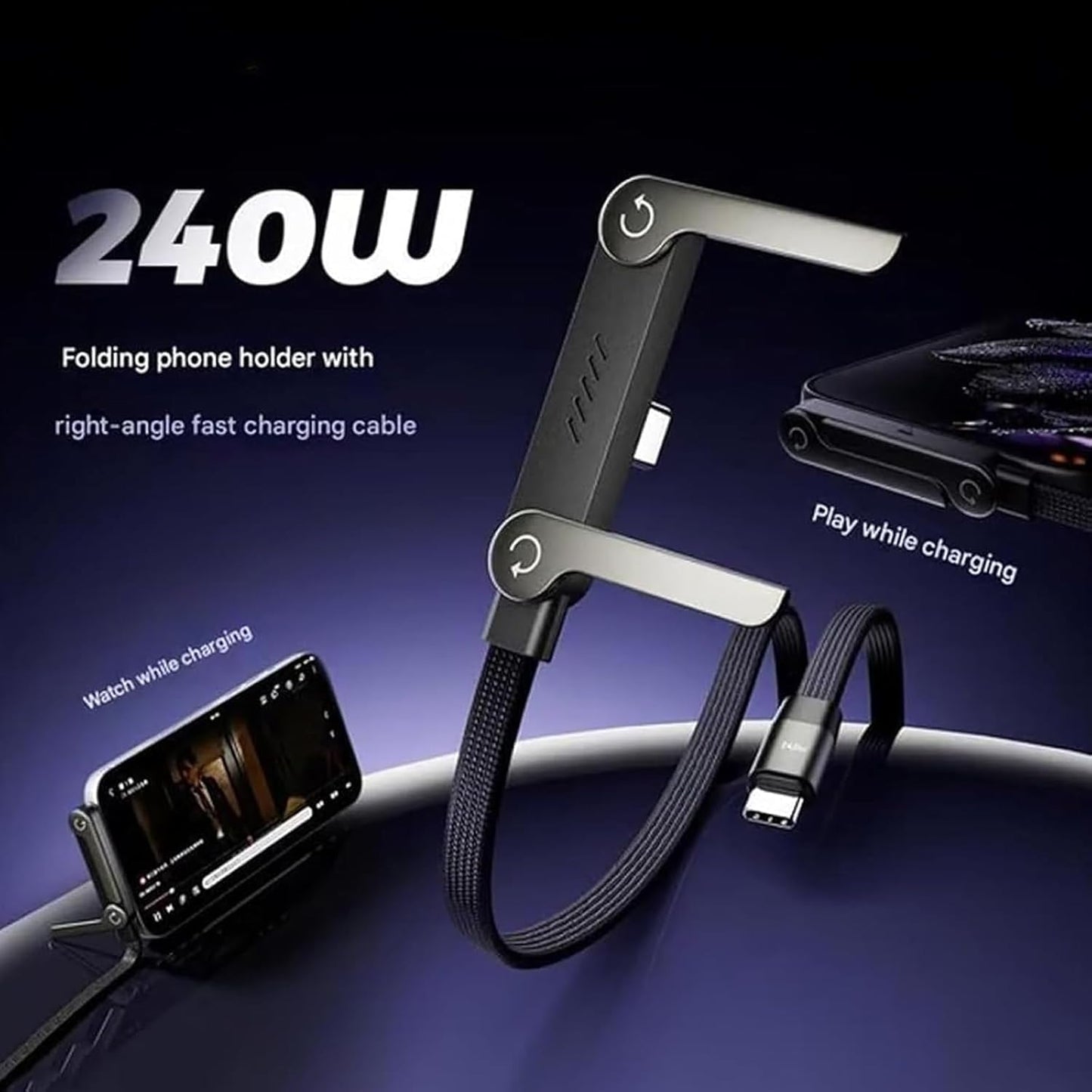 2-in-1 Fast Charging Cable with Built-in Phone Stand – 240W High-Speed Charger Cord