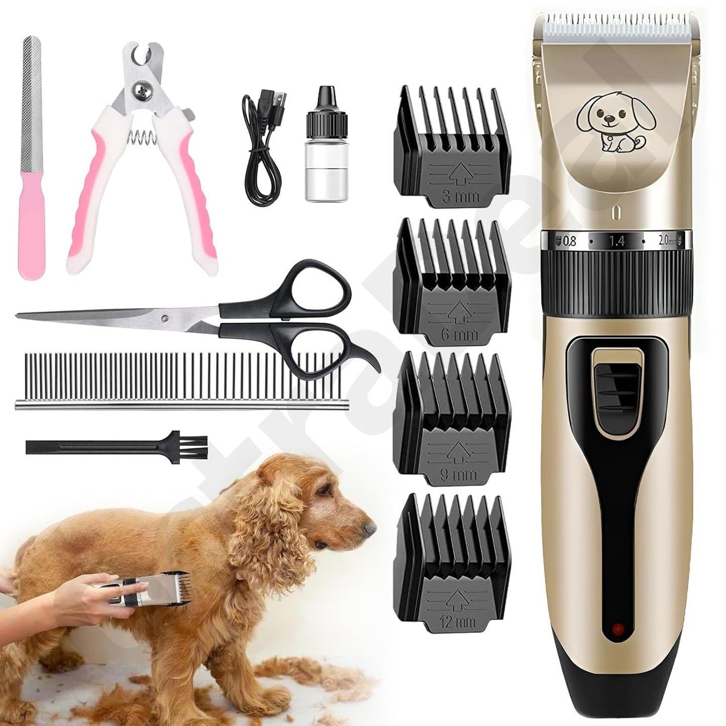 Cordless Pet Grooming Kit – Low Noise Rechargeable Dog & Cat Hair Trimmer with Titanium Blade