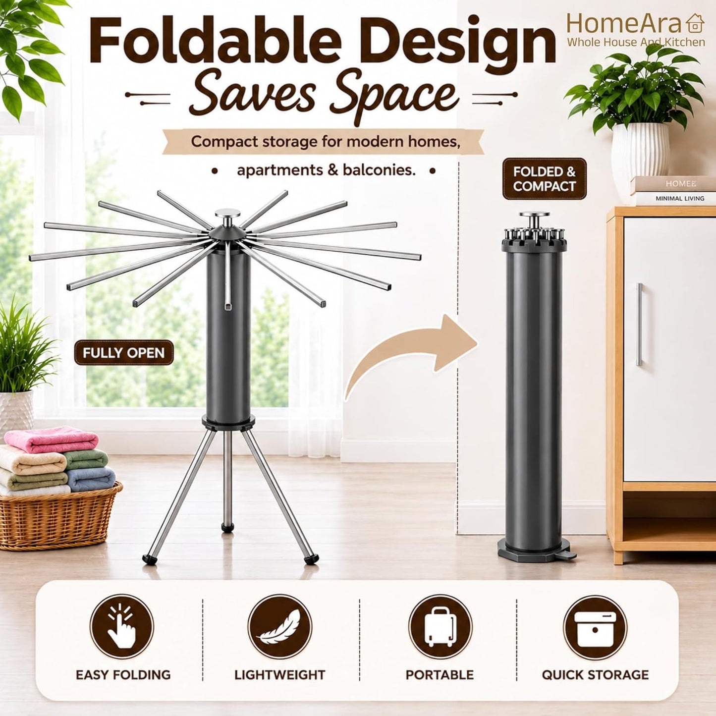 Foldable Tripod Clothes Drying Rack | 16-Rod Laundry Stand for Indoor & Outdoor Use