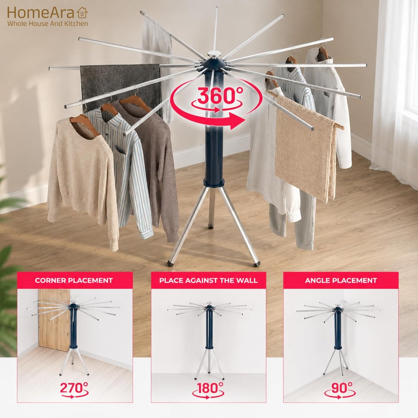 Foldable Tripod Clothes Drying Rack | 16-Rod Laundry Stand for Indoor & Outdoor Use