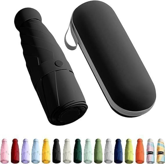 Mini Travel Umbrella with Case | UV Protection Compact Rain & Sun Umbrella (Black)